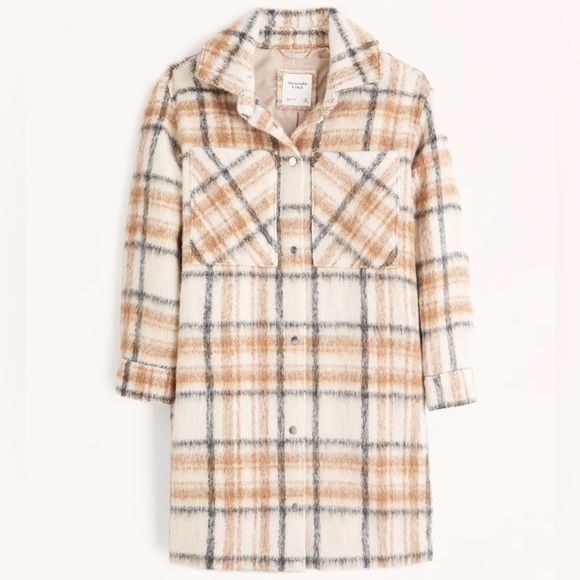 Abercrombie & Fitch Jackets & Blazers - Abercrombie & Fitch Long-Length Wool-Blend Shirt Jacket (Cream Plaid) - Size S